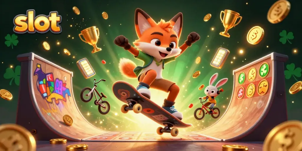 Lingkaran slot menawan dengan karakter kartun anjing dan kelinci melakukan trik di tengah simbol jackpot.