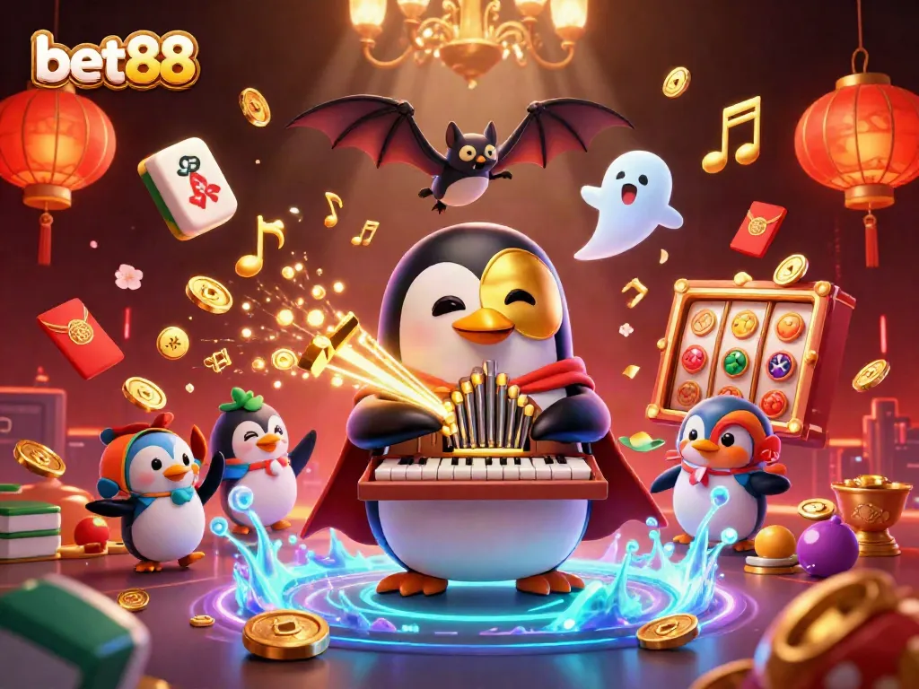 Experience excitement with bet88 as a penguin plays a golden organ, surrounded by fireworks and rich games.