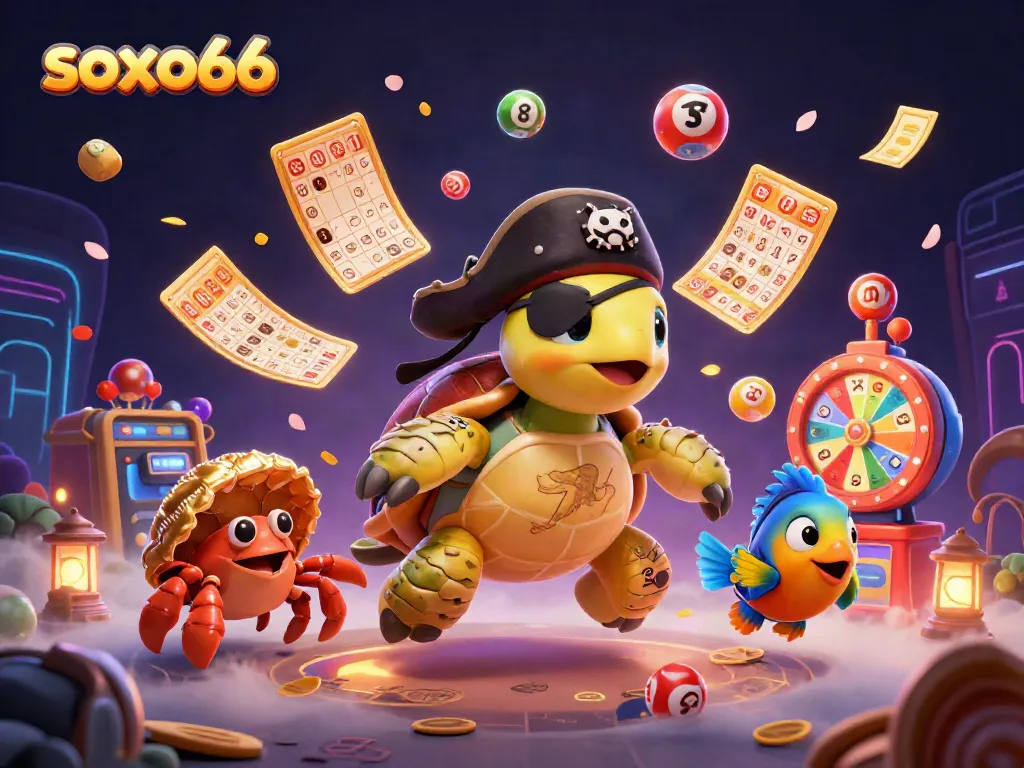 Engage in winning acts with soxo66, featuring a playful turtle and treasure elements.