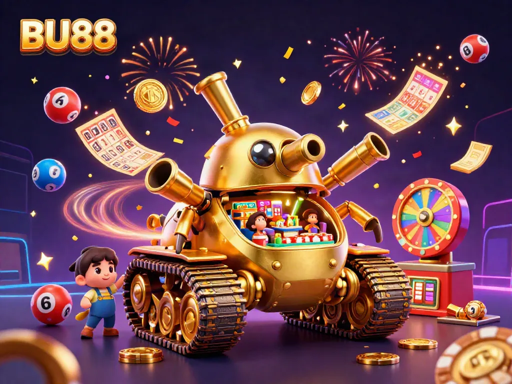 Join the excitement at BU88 with a vibrant casino scene filled with lottery excitement and dynamic gaming elements.