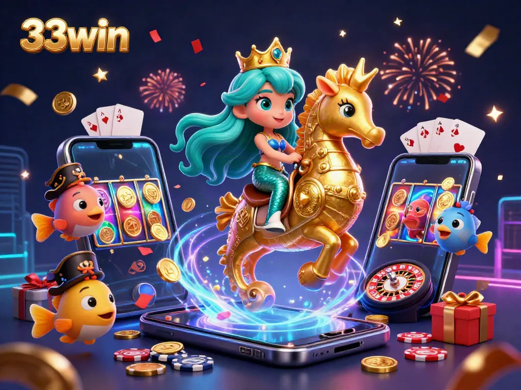 Experience the vibrant casino world of 33win with a mermaid and her golden seahorse amidst gaming festivities.