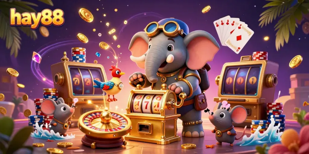 Spin the hay88 slot machine with a steampunk elephant engineer amidst a vibrant casino scene.