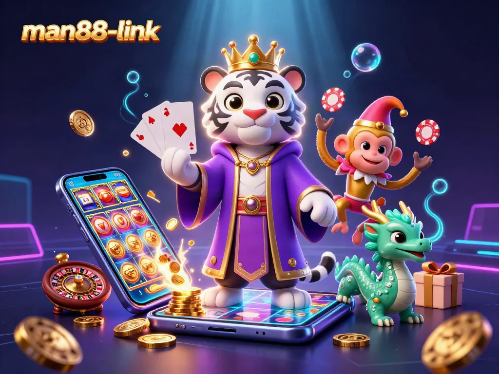 Experience the vibrant world of man88-link with a 3D illustration showcasing an unlikely trio of casino-themed characters.