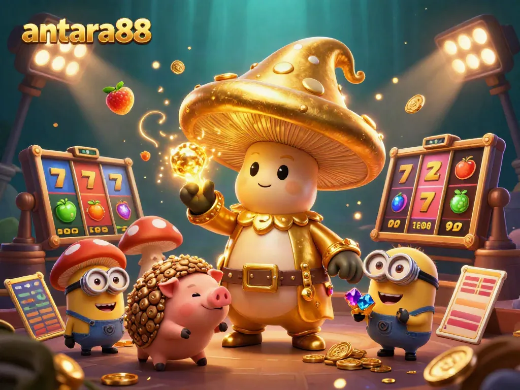 Engage in thrilling slots with antara88's vibrant wizard and gold treasures in a magical casino scene.