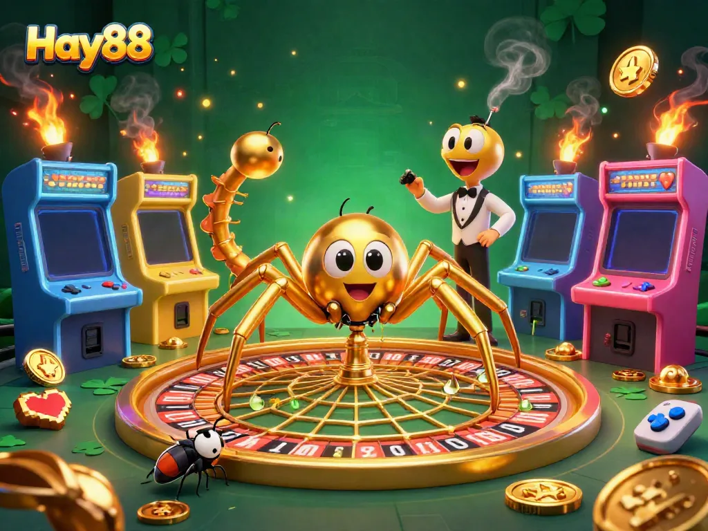 Join the action at Hay88 as the golden spider spins a roulette web and a nervous fly places bets.