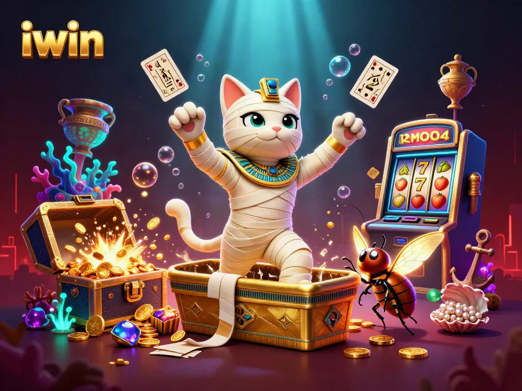 Experience the excitement of iwin with a vibrant and dynamic casino scene featuring a mummy cat and treasures.