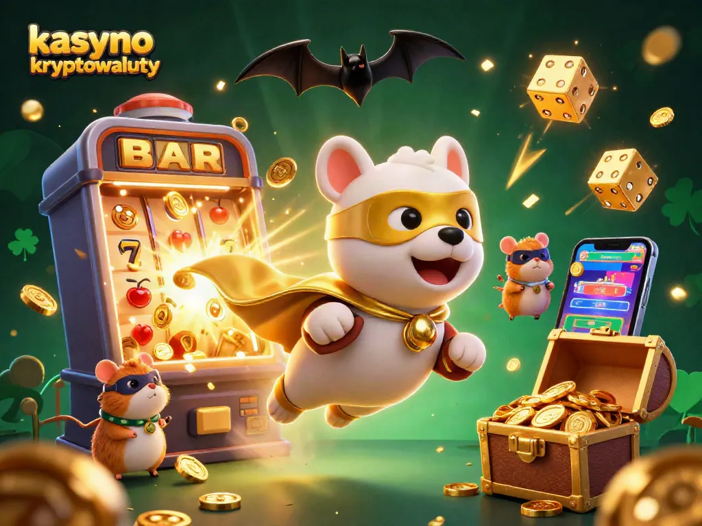 Experience excitement at kasyno kryptowaluty with a superhero dog and dynamic casino elements.