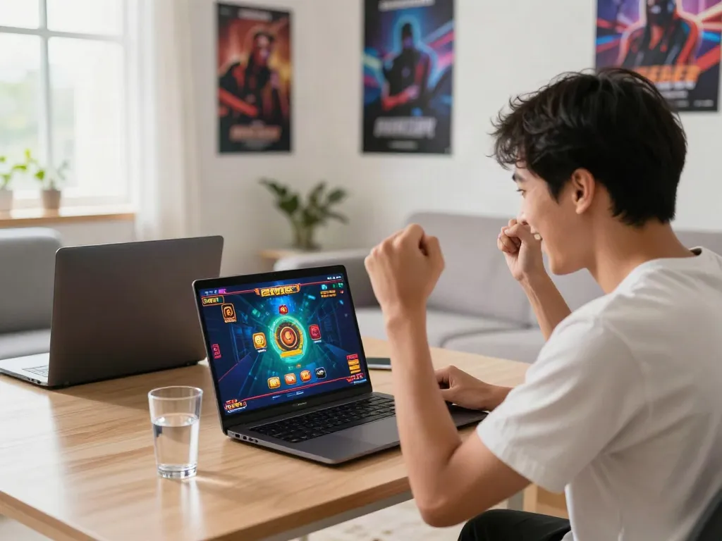 Engaged user enjoying slot88 gaming experience in a stylish living room.