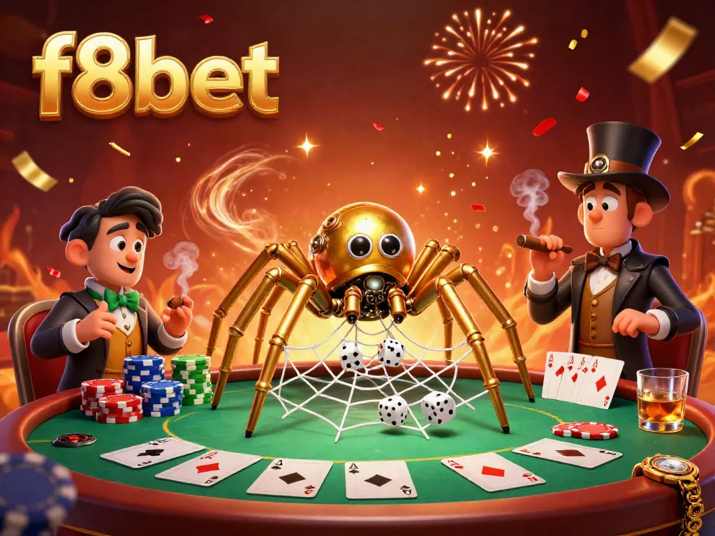 Engage with f8bet's thrilling casino atmosphere featuring a steampunk spider and poker elements.