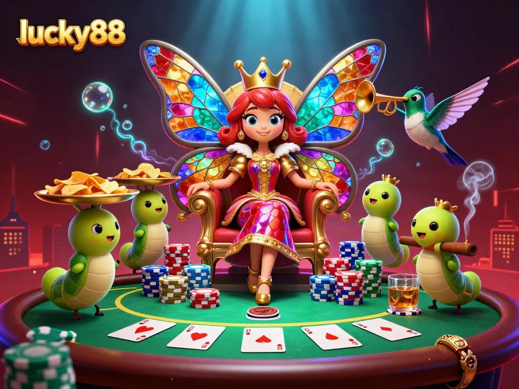 Experience exhilarating poker action with lucky88, featuring a butterfly queen and vibrant casino elements.