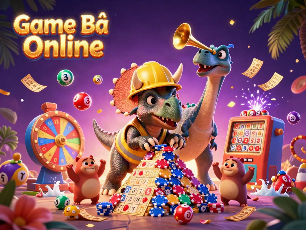 Experience thrilling moments in Game Bài Online with cartoon characters celebrating and engaging with vibrant gambling elements.
