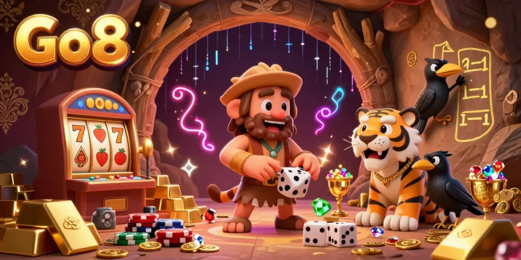 Engage with Go8 by playing thrilling slots in a vibrant casino scene featuring cavemen and tigers.