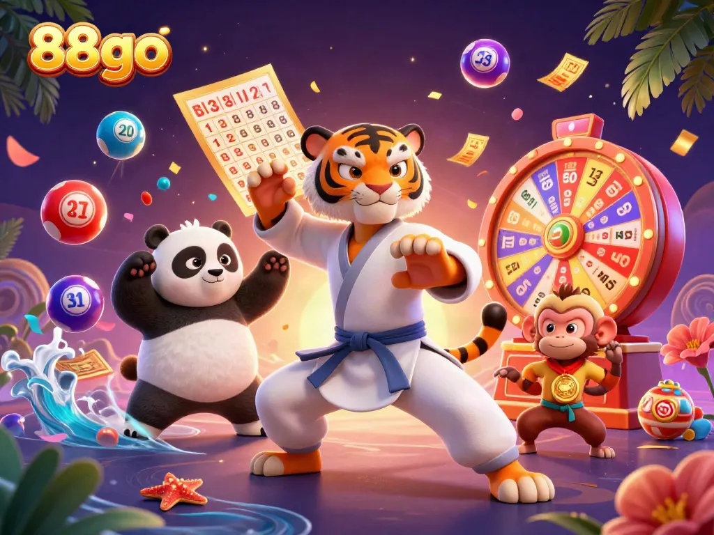 Engage with 88go’s thrilling gaming experience illustrated through playful animals and dynamic lottery elements.