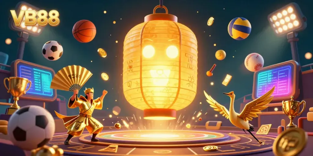 Experience VB88's thrilling casino atmosphere with vibrant golden spirits and dynamic sports elements.