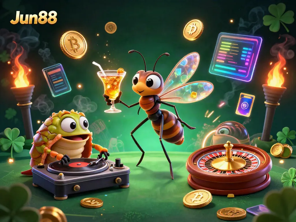 Join the fun at Jun88 with a lively casino scene featuring a unique mascot and vibrant game elements.