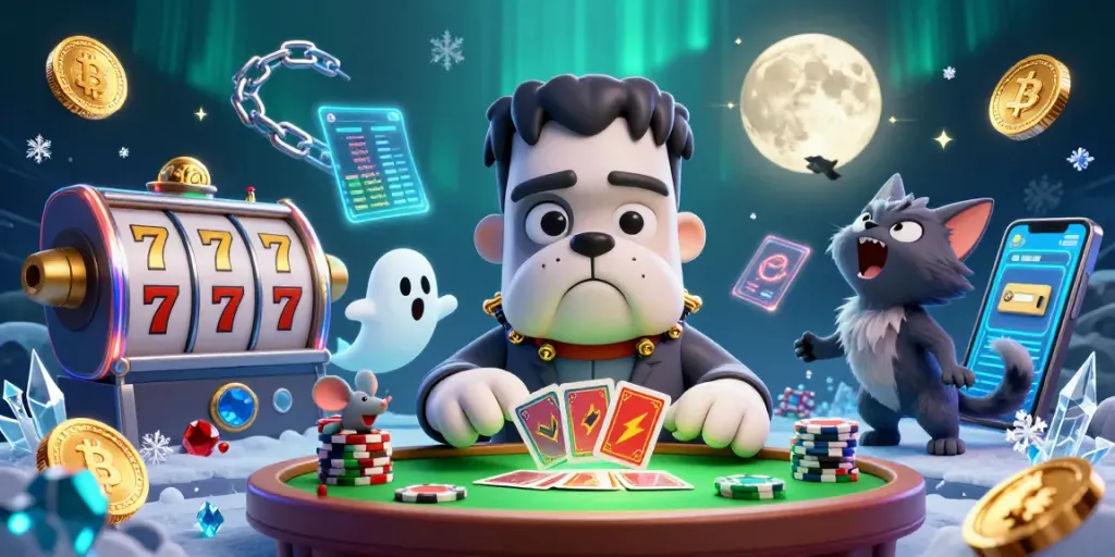 Experience thrilling link slot adventures with vibrant illustrations of card games and crypto coins.