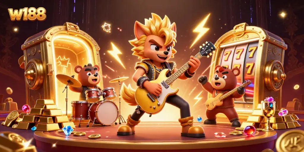 w188 casino stage with a rocking wolf playing guitar, surrounded by spinning slot reels and treasure