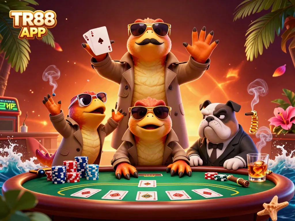 Experience the excitement of TR88 APP with raptors and a bulldog in a casino setting.