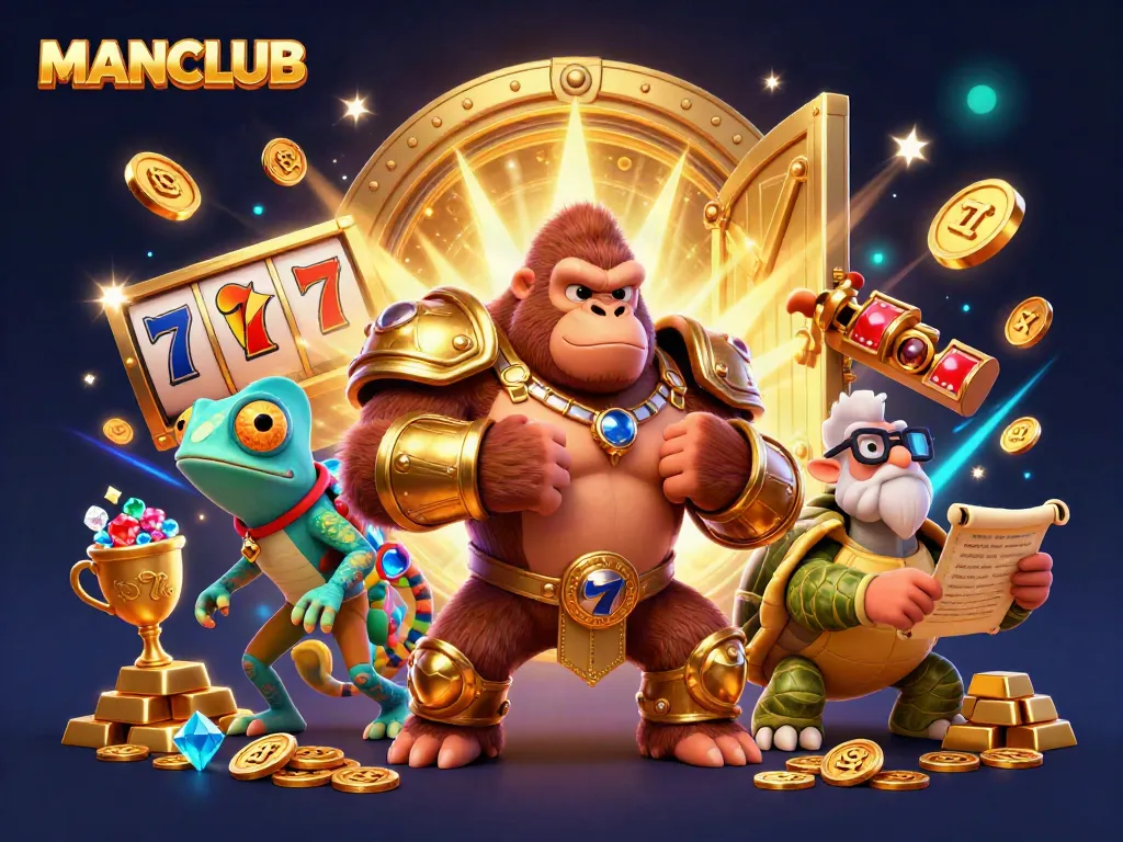 Engage with the MANCLUB themed illustration showcasing a gorilla king, chameleon, and tortoise amidst vibrant casino elements.