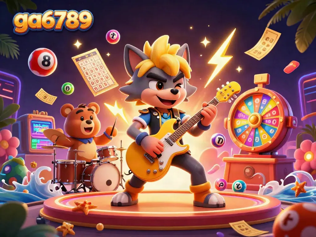 Engage in thrilling gaming at ga6789 as the star wolf rocks out amidst golden tickets and vibrant lottery balls.