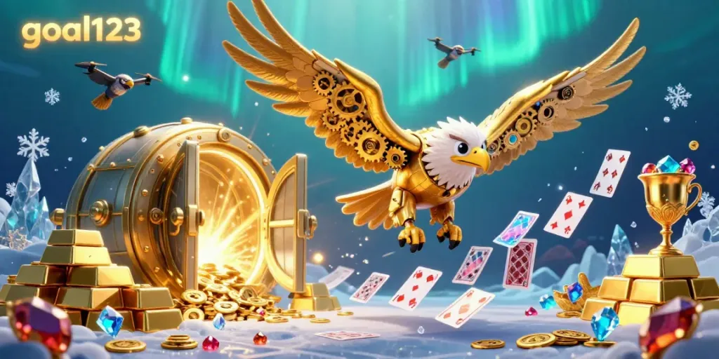 Experience thrilling gameplay with goal123 as a golden eagle dives through holographic cards and treasures.