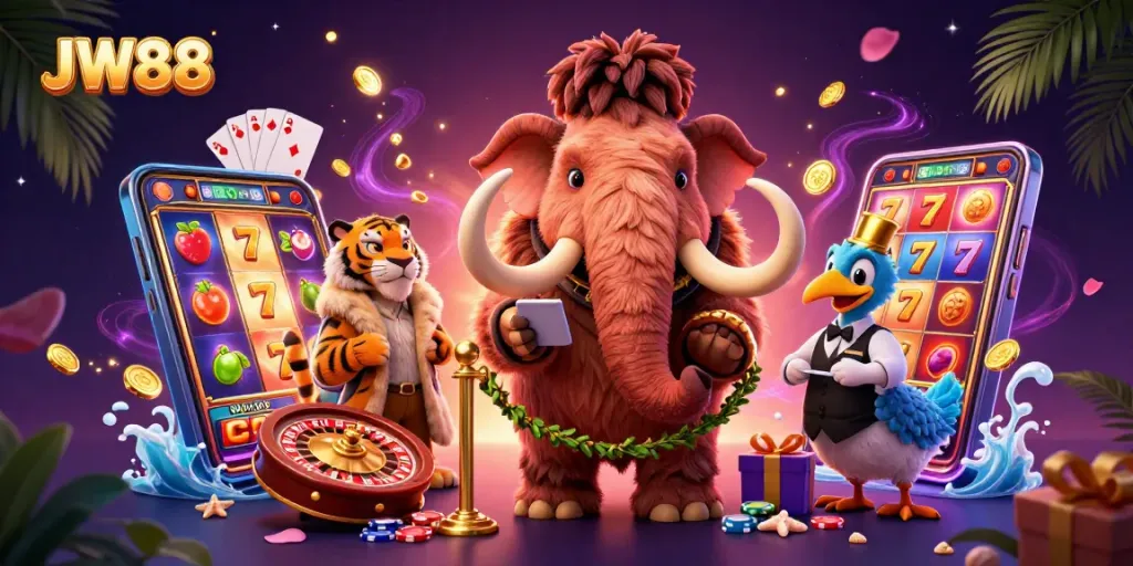 Experience excitement at JW88 with a 3D casino scene featuring vibrant characters and gaming elements.