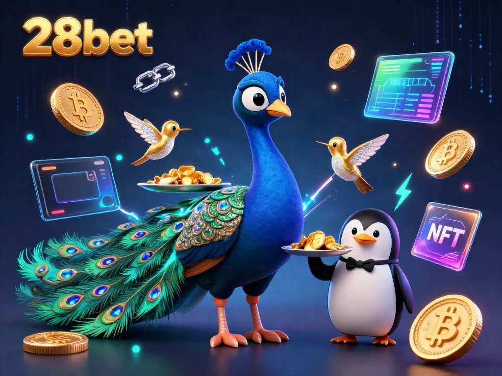 Engaging scene of 28bet, showcasing a peacock, penguin, and hummingbird amidst crypto coins and casino elements.