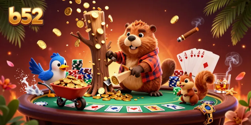 Join the fun at b52, as the lumberjack beaver and friends celebrate winnings at a vibrant casino!