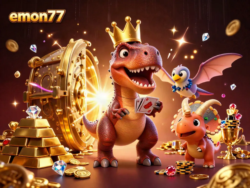 Get ready for excitement with emon77 as T-Rex shuffles cards and triceratops stacks chips in this vibrant casino scene.