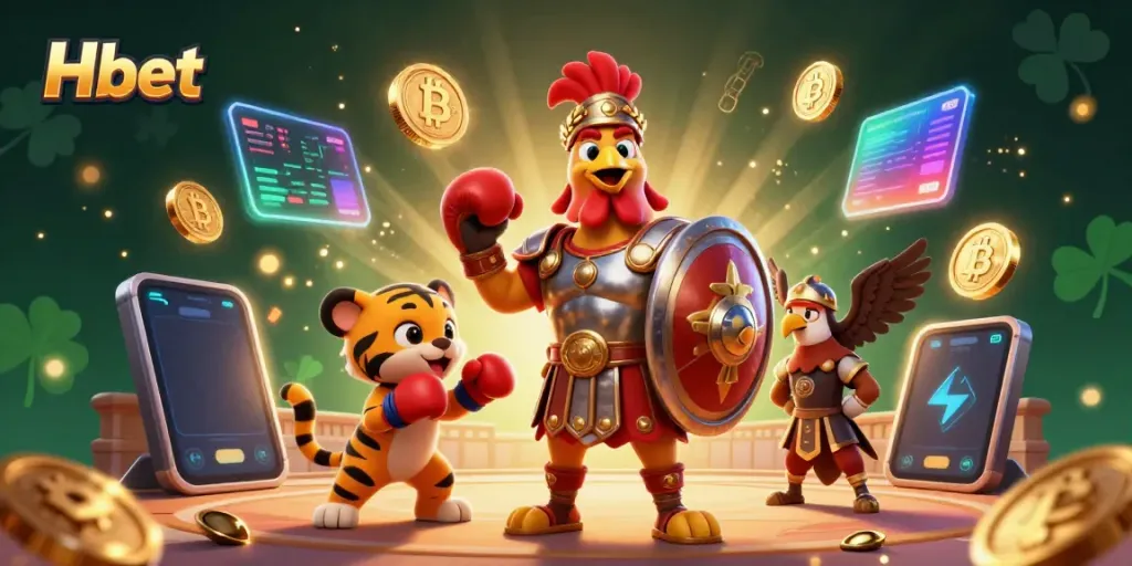 Engage with Hbet's exciting gaming atmosphere featuring a gladiator rooster and vibrant crypto elements.