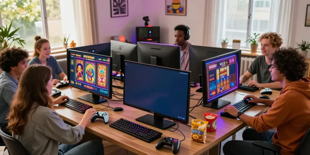 Exciting gaming scene with friends playing situs slot gacor in a cozy living room with vibrant lighting.
