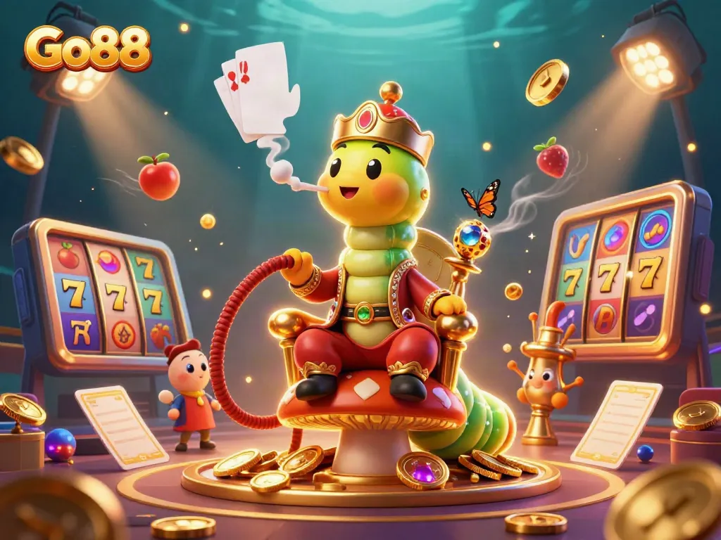 Engaging Go88 casino scene featuring a whimsical caterpillar in a sultan outfit with slot game elements.