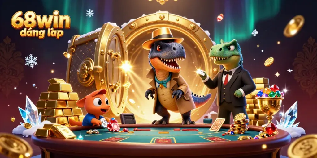 Experience thrilling casino excitement with 68win đăng nhập featuring velociraptor characters at a blackjack table.