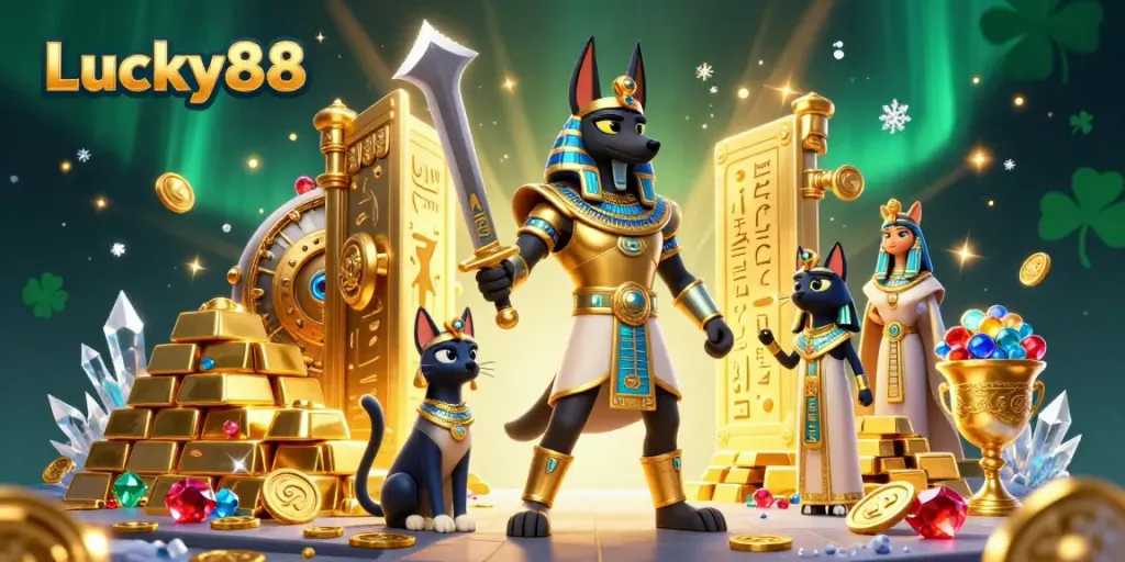 Experience thrilling casino action with Lucky88 as the Anubis warrior fights for treasures in a vibrant 3D scene.