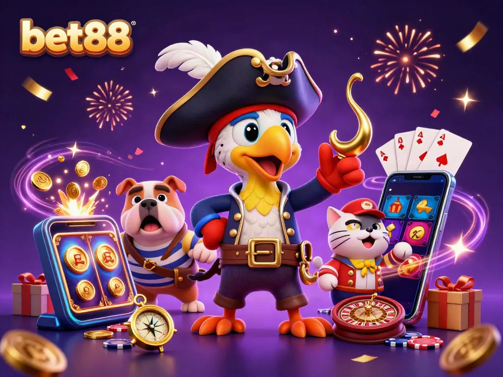Experience excitement at bet88 with pirate-themed 3D characters and casino elements like slots and roulette.