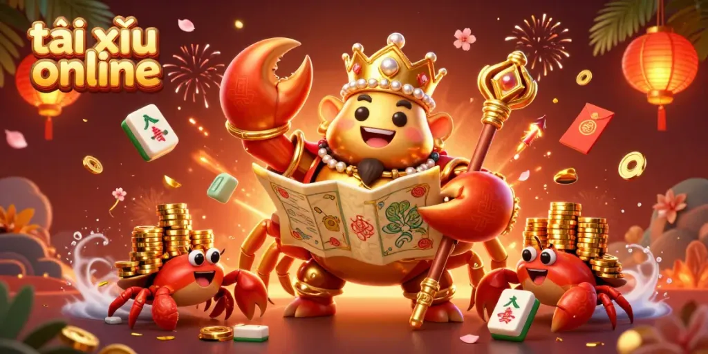 Experience the thrilling world of tài xỉu online with a vibrant 3D scene featuring a golden crab emperor and game elements.