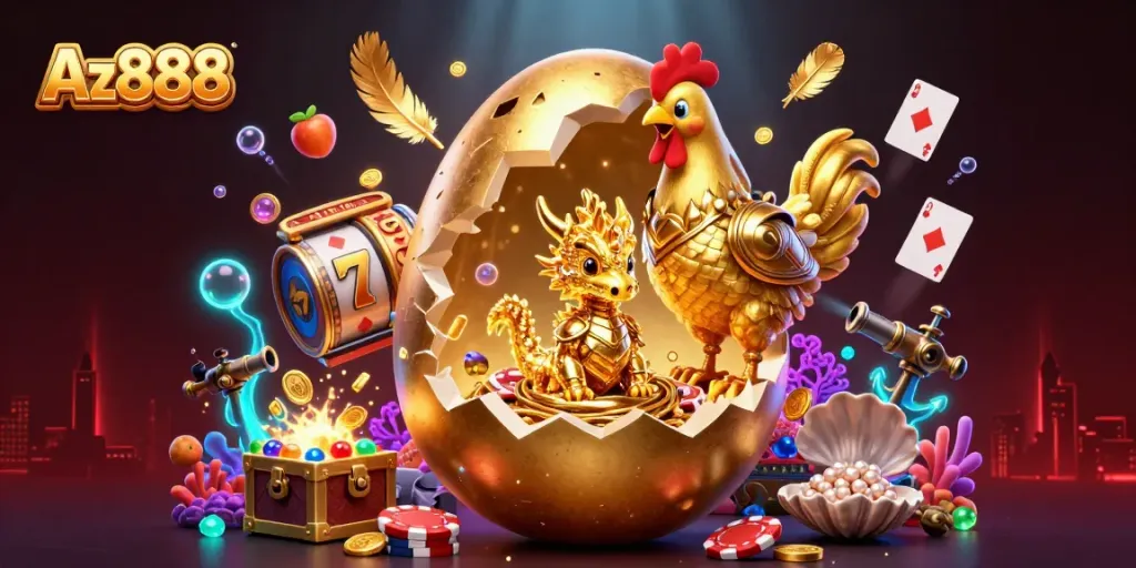 Join Az888's gaming adventure with a golden dragon and thrilling slot elements in a vibrant casino scene.