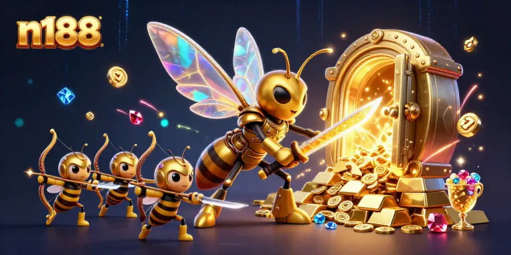 N188's captivating gaming experience: a giant golden hornet and bee archers amidst a dazzling casino scene