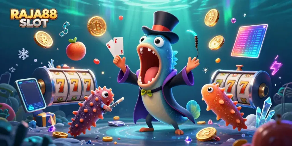 Experience the vibrant action of RAJA88 SLOT with bioluminescent characters performing magical tricks.