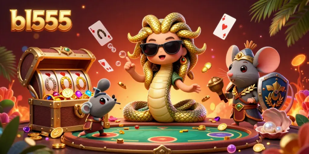 Experience the excitement at bl555 with a vibrant gambling scene featuring Medusa and warrior mouse amidst treasures and slot symbols.