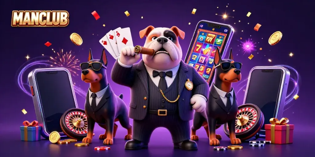 Engage with MANCLUB's thrilling casino experience through a dynamic 3D illustration of a mafia bulldog surrounded by slot games.