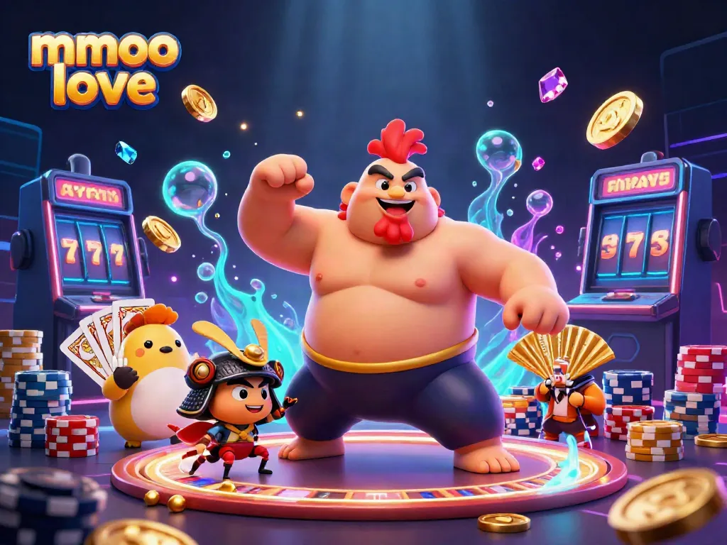 Experience mmoo love with a dynamic casino scene featuring a powerful sumo rooster and fierce cricket amidst gaming elements.