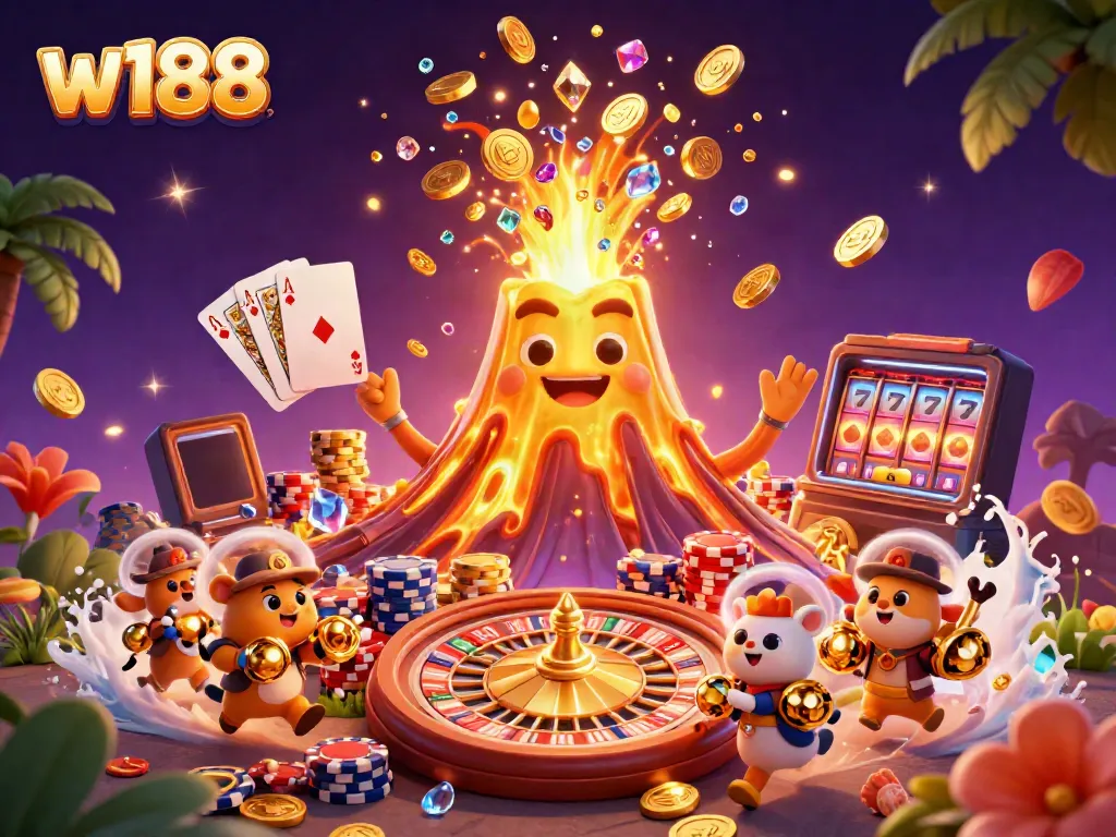 Experience thrilling gameplay at w188, where a volcano erupts coins and treasures in a vibrant casino scene.
