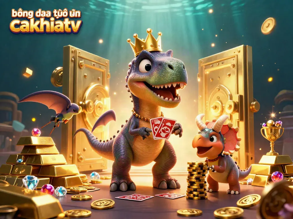 Experience bóng đá trực tuyến cakhiatv with T-Rex shuffling cards in a vibrant casino scene.