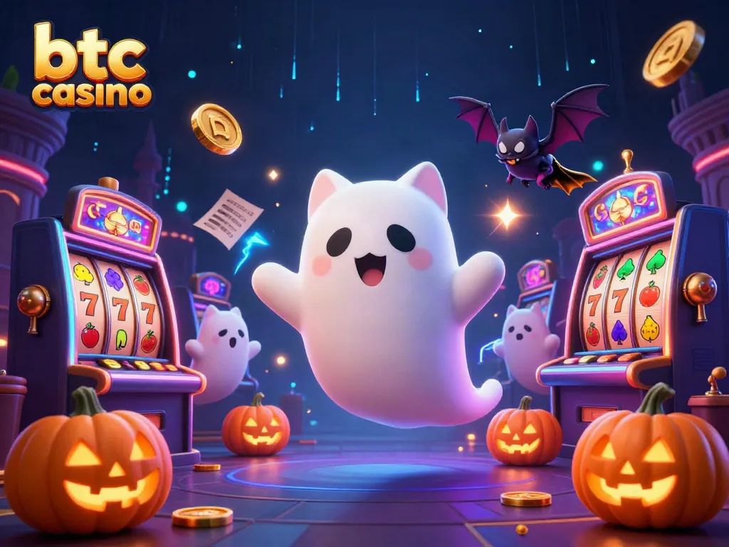 Experience excitement in a btc casino with a ghost cat and bat companion surrounded by vibrant slots.