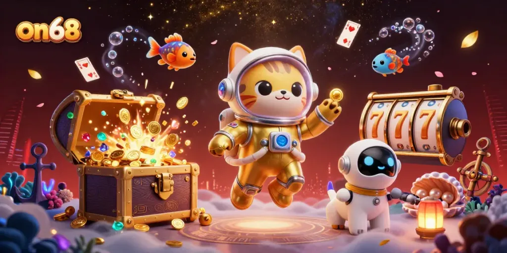 Watch the lively on68 scene with a cat astronaut and robot dog in a casino-themed adventure.