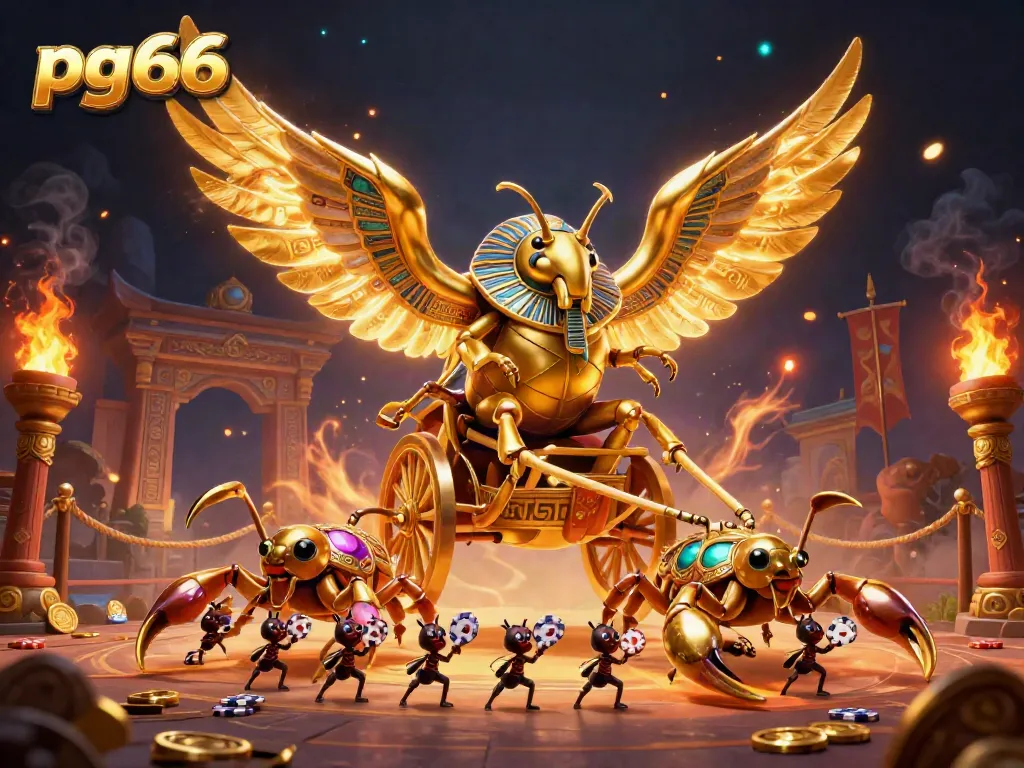 Experience thrilling gameplay at pg66 with a golden scarab beetle leading a chariot in a vibrant casino realm.