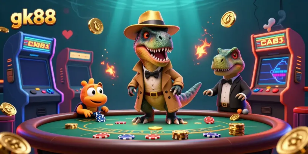 Engaging scene featuring gk88 with a raptor card counter, dealer, and pickpocket at a vibrant casino table.