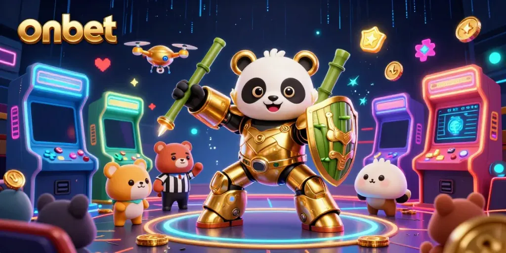 Experience onbet's thrilling gaming adventures in a packed arena featuring vibrant 3D characters.