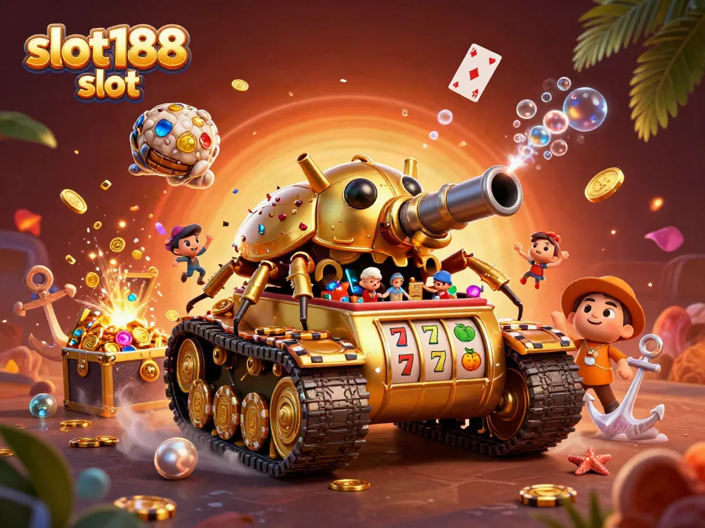 Menangkan jackpot dengan slot188 slot di kasino mini dalam tank emas yang penuh harta karun.